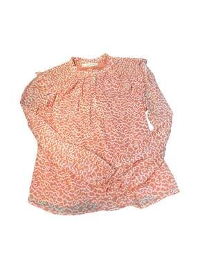 LOFT Coral White Abstract Print Ruffle Neck Smocked Blouse Size S